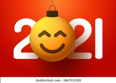 Greeting card for 2021 new year with smiling emoji face that hangs on thread like a christmas toy, ball or bauble. New year emotion concept vector illustration