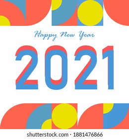 Greeting card for 2021 new year. Neo geo with text happy new year. Geometric and typoghrapy 2021 new year.