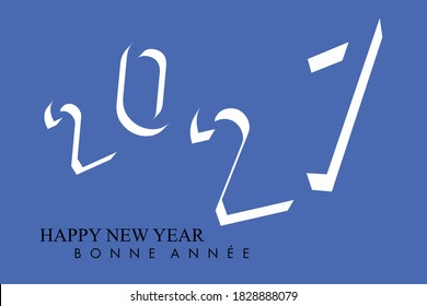 Greeting card 2021 on a red background, with sober and dynamic graphics to present his wishes in French and English.