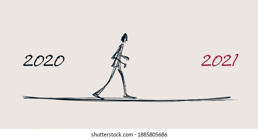 Greeting card 2021 showing a hand drawn man walking straight ahead to symbolize the transition from 2020 to 2021.