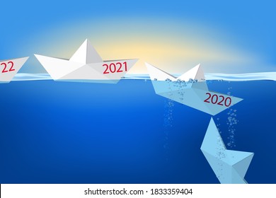 Greeting card 2021 showing paper boats that follow one another in single file, before sinking to symbolize the year that ends and disappears in the past.