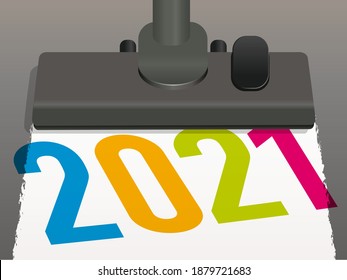 Greeting card 2021 with a vacuum cleaner that brings out the new year by cleaning the surface of the floor.