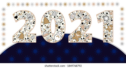 Greeting card for 2021. Winter holiday. 2021 numbers from Christmas toys. Gold, silver and black colors. Vector illustration for web design or print.