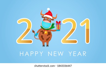 greeting card with 2021 year of the bull. Cheerful ox in a medical mask and gloves with a gift with a bow. covid prevention concept19. stay at home. vector