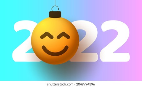 Greeting card for 2022 new year with smiling emoji face that hangs on thread like a christmas toy, ball or bauble. New year emotion concept vector illustration