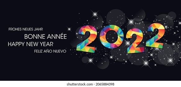 Greeting card for 2022 new year.
Text means Happy New Year in various languages.