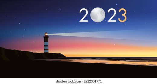 Greeting card 2023 with the concept of the lighthouse symbolizing the landmark to follow the right direction to meet the challenges and crown them with success.