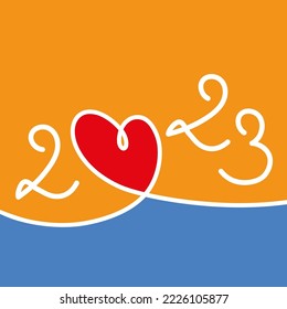 Greeting card 2023 on the concept of dating and romantic relationships, symbolized by a line drawing of a red heart on a colored background.