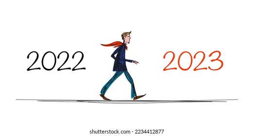 Greeting card 2023 showing a hand drawn man walking straight ahead to symbolize the transition from 2020 to 2023.