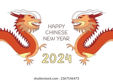 Greeting Card 2024 Happy Chinese New Year with Red Dragons in cartoon style. Vector illustration