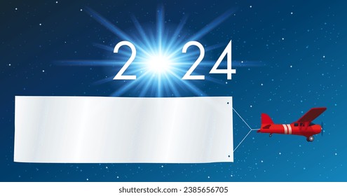 Greeting card 2024 on a starry sky background, with a red airplane pulling a white banner to write a message or wish his best wishes for the new year.