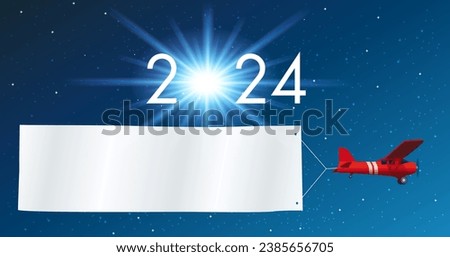 Greeting card 2024 on a starry sky background, with a red airplane pulling a white banner to write a message or wish his best wishes for the new year.