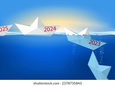 Greeting card 2024 showing paper boats that follow one another in single file, before sinking to symbolize the year that ends and disappears in the past.