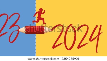 Greeting card 2024 symbolizing the transition to the new year with a line crossed by a red pencil.