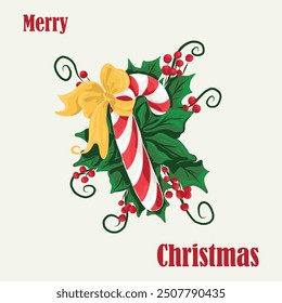 Greeting card. 2024-2025. Mistletoe wreath, red and white candy, lollipop, Christmas lollipop, yellow bow. Merry Christmas and a very happy New Year. Christmas card. In modern style on a light backgro