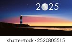 Greeting card 2025 with the concept of the lighthouse symbolizing the landmark to follow the right direction to meet the challenges and crown them with success.