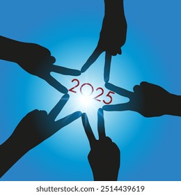 Tarjeta de felicitación 2025, con cinco manos formando una estrella, símbolo de unión y asociación, para lograr los objetivos del nuevo año.