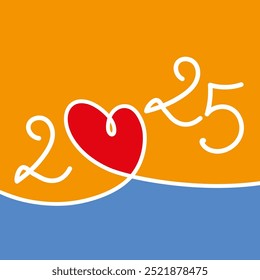 Tarjeta de felicitación 2025 sobre el concepto de citas y relaciones románticas, simbolizado por un dibujo de línea de un corazón rojo sobre un fondo de color.