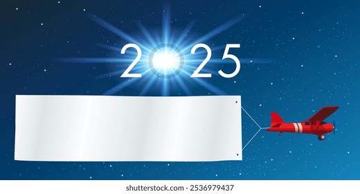 Tarjeta de felicitación 2025 sobre un fondo estrellado, con un avión rojo tirando de un Anuncio blanco para escribir un mensaje o desear sus mejores deseos para el nuevo año.