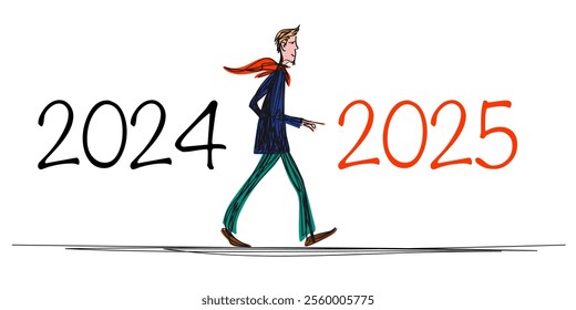 Greeting card 2025 showing a hand drawn man walking straight ahead to symbolize the transition from 2020 to 2025.