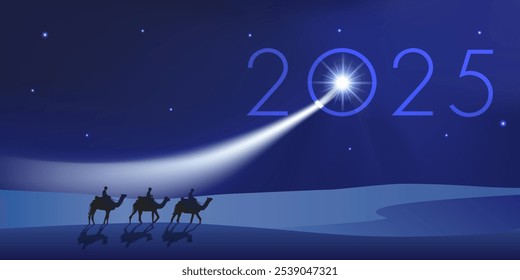 Greeting card 2025 showing the three wise men on camels heading towards Bethlehem with gifts to celebrate the birth of Jesus Christ.