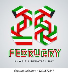 Greeting card for 26 February, the day of liberation of Kuwait. Text made of interlaced ribbons with Kuwait flag colors. Vector illustration.