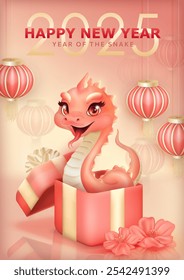 Cartão comemorativo com cobra rosa fofa 3d emergindo de uma caixa de presente, cercada por lanternas chinesas vermelhas e flores de ameixa, comemora o Ano Novo Lunar da Cobra de 2025. Cartaz para CNY em estilo asiático