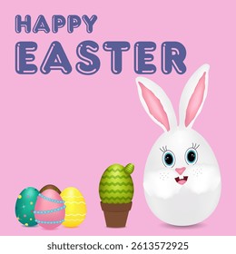 Greeting card with 3D elements featuring anthropomorphic Easter bunny egg, ornate eggs, and a potted Easter egg stylized as a cactus on pink background. Happy Easter inscription. Perfect for banner.
