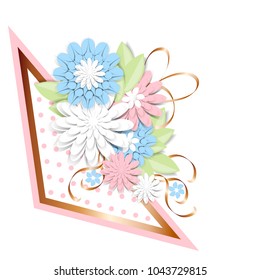 Greeting card with 3d paper flowers and place for text. Romantic design with paper cut flovers in pastel colors. Decorative element for invitations, wedding, birthday and other festive projects.