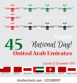 greeting card with '45 UAE. Arabic: names of 7 emirates.