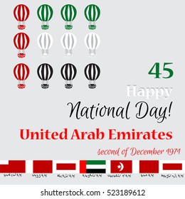 greeting card with '45 UAE. Arabic: names of 7 emirates