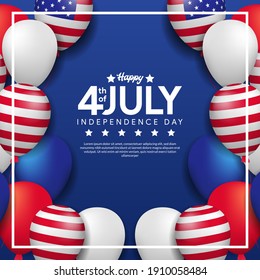 greeting card of 4th july, independence day of usa with frame of colorful helium balloon and american flag with blue background