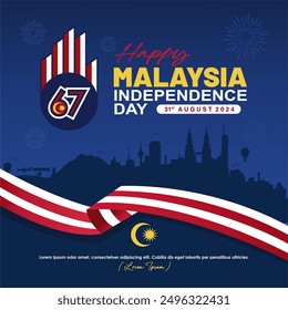 Greeting card of 67th Independence Day of Malaysia 31st August 2024. Malaysia Hari Merdeka 67th Vector Illustration. 