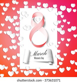 Greeting card for 8 March with banner and symbol of red ribbon. International Women's Day. Vector illustration.