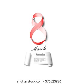 Greeting card for 8 March with banner and symbol of red ribbon. International Women's Day. Vector illustration.