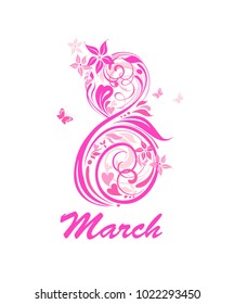 Greeting card for 8 March with decorative pink floral number 8