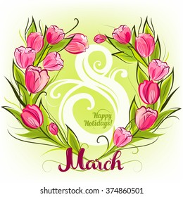 Greeting card 8 March with decorative tulips in shape of heart