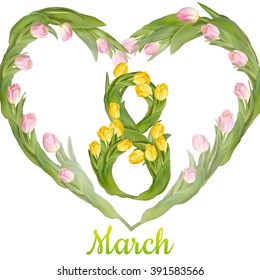 Greeting card 8 March with decorative tulips in shape of heart. EPS 10 vector file included