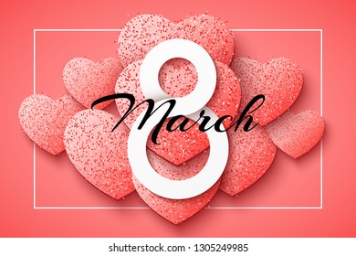 Greeting card for 8 March. Happy Women's Day. Pink hearts from shiny glitters in frame. Romantic composition. Festive web banner. Vector illustration. EPS 10