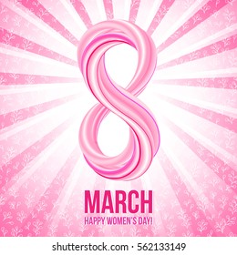 Greeting card 8 March, Happy womens day. Colorful number eight on cute background. Eighth of March - International Womens Day holiday. Vector illustration.