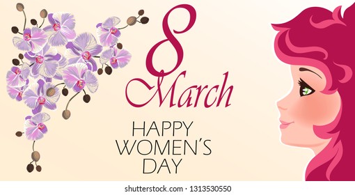 greeting card with 8 March. international women day. girl with orchids