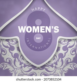 Greeting card for 8 march international womens day in purple color with luxury white pattern