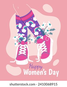 Greeting card for 8 March International Women's Day original design with female feet in sneakers with flowers under socks elastic, flat vector illustration.