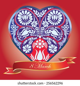 Greeting card with 8 March on red background - vector illustration.