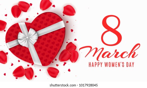 Greeting card for 8 March. Red gift box of heart on happy womens day. Light white background. Rose petals and confetti. Banner on March 8. Vector illustration. EPS 10