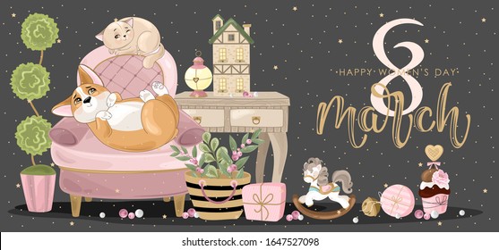 Greeting card for 8 march. Romantic dog and cat with holiday elements. The inscription by hand. Vector illustration.
Template for invitations, greetings, greetings, posters.
