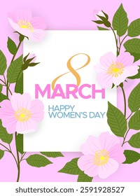 Greeting card for 8 March with Rosehip branches with flowers on pink background