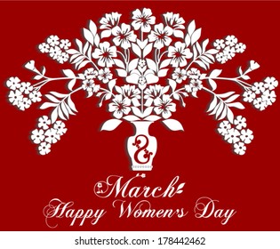  Greeting card with 8 March. Trendy Design Template. White and dark  Red color. Vector Version 