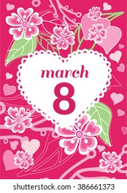 Greeting card 8 march woman day. 8 march, greeting card, womans day, flowers and international womens day, spring holiday, march 8 day, celebration woman 8 march day, postcard floral illustration
