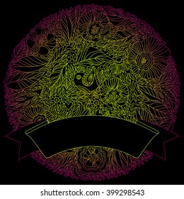 Greeting card with abstract background with contour drawing of flowers . Vector illustration.  Place for text. Easy to edit